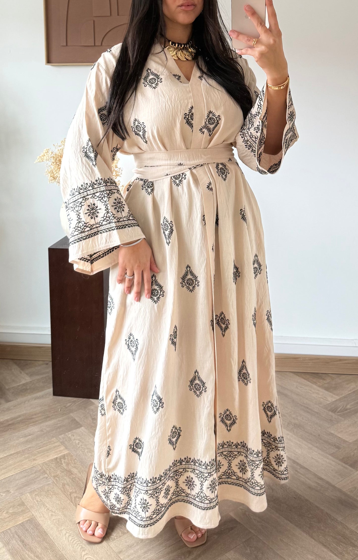 Sherine beige black printed dress