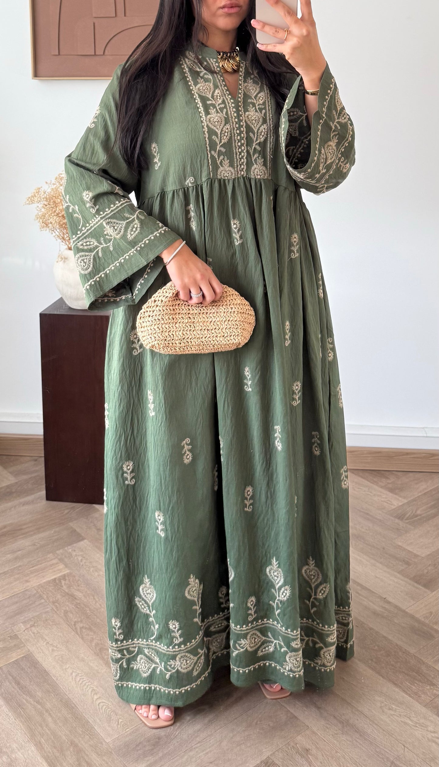 Sara khaki border print maxi dress